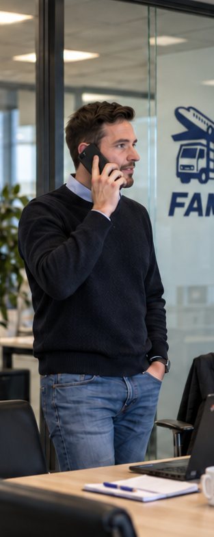 Famko Logistics freight forwarder on the phone in the Tychy office