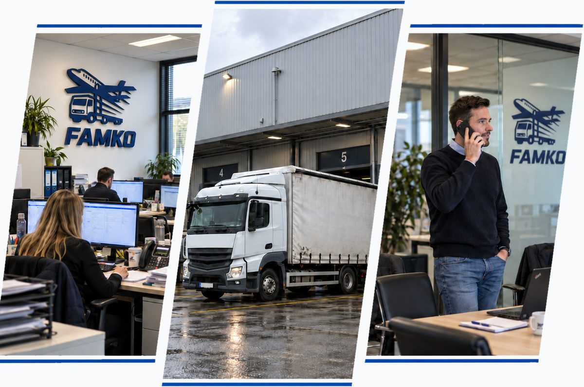 Famko Logistics office team, a truck at the loading dock and a freight forwarder on the phone